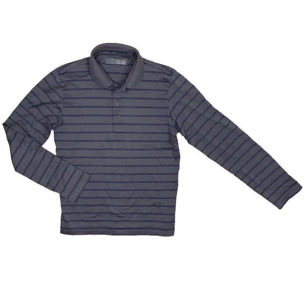 ZARA Man 100% Soft‎ Cotton Long Sleeves Gray with Blue Stripes Polo Shirt Sz M